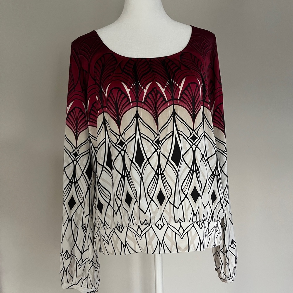 NWT, White House Black Market Burgundy and Black Patterned Blouse